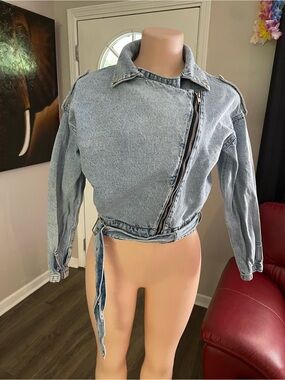 Planet Heart moto denim jean jacket light blue small biker juniors top full zip